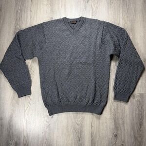 Lord & Taylor Sweater Mens M Gray Wool Cable V Neck Old Money Luxury Italy Made